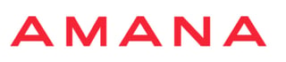 Red block letters spelling AMANA logo with blue and pink splatter effects below