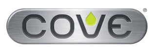 Cove logo featuring brushed metal rectangular button with cove text and a yellow water droplet icon