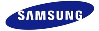 Samsung logo with white text on a dark blue oval background
